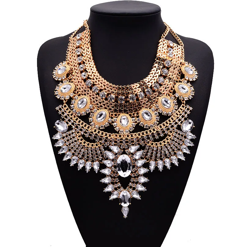 

New Fashion Pendant Chain Crystal Choker Chunky Statement Bib Necklaces Long Bohemian Alloy Maxi Necklace Exaggerated Collier