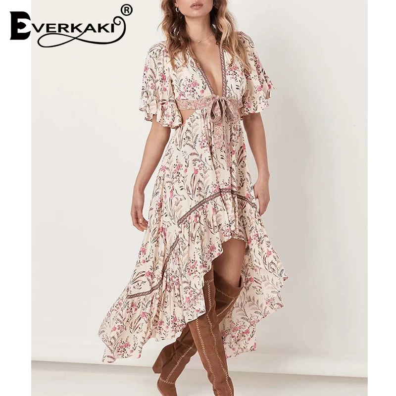 

Everkaki Gypsy Print Backless Dress Women Boho Ruffles Deep V Neck Short Front Long Back Bohemian Dress Female 2019 Summer New