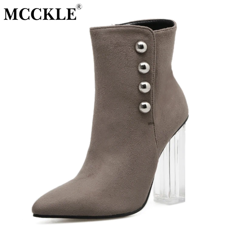 

MCCKLE Women's Zip Rivets Transparent Thick Heel Ankle Boots Female Pointed Toe Slip On Fashion Solid Comfortable High Heels