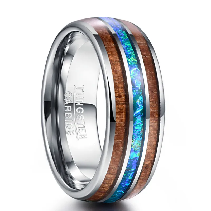 

JQUEEN 8mm Inlaid with Acacia Wood Imitation Opal Dome Polished Tungsten Steel Ring Engagement Ring Gifts for Men