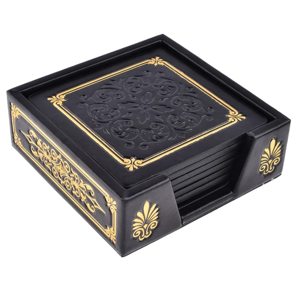 Goede Set Van 6 Koffie Cup Mat Vierkante Pu Lederen Placemat Onderzetters Cup Mats Met Houder Voor Thuis Decoratie Vintage Mok mat