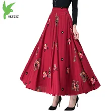 Весенняя женская вышивка хлопок лен Юбка Новая эластичная талия длинная Плиссированная юбка плюс размер тонкая пышная Свободная юбка OKXGNZ1641