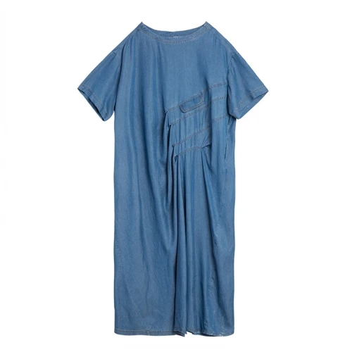 IRINAW060 Новое поступление Лето Асимметричный плиссированные повседневные длинные oversize Тенсел платье из джинсовой ткани женские - Цвет: Синий