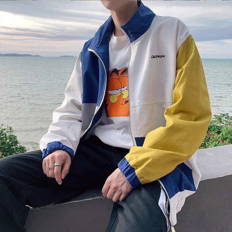 patchwork Oversized Jacket Men Summer Streetwear College Varsity Hip Hop Jacket Man Anorak Windbreaker Short Mens Coat 5J59