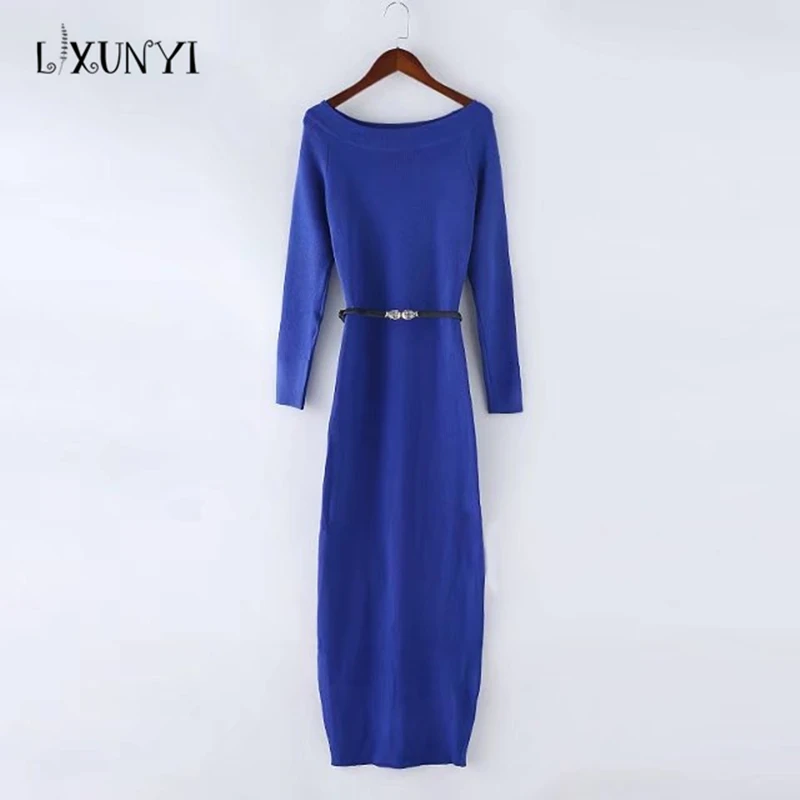 

Fashion Long Sleeve Off Shoulder Slash Neck Sexy Club Women Dress Slim Bodycon Knitted Sweater Mid-Calf Party Night Dresses