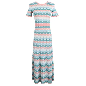 

2019 Elegant Stretchy Striped Women Knitted Dress Short Sleeve Summer Sweater Dresses Vestiods Robe Femme