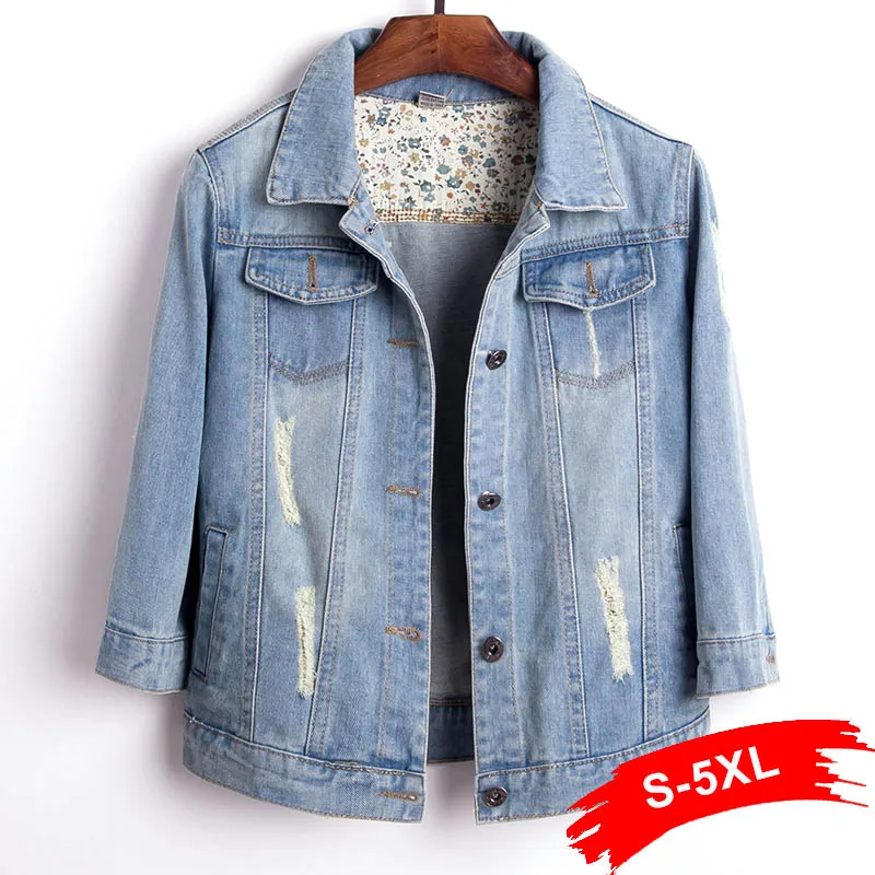 

Plus Size Women Light Blue Cropped Jean Jacket Bomber Short Denim Jackets Jaqueta Casual 3/4 Sleeve Ripped Jeans Coat 4XL 5XL