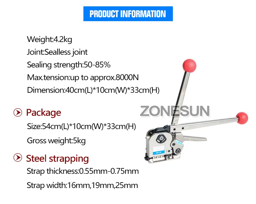 ZONESUN srapping машина mh35 ручной Бессальниковый Сталь обвязочные инструменты для ремень Сталь s ширина от 16 до 25 мм