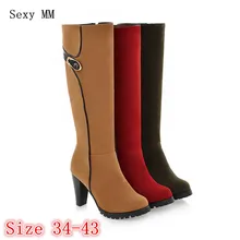 Женские сапоги до колена; сезон весна-осень; женские высокие сапоги на высоком каблуке; Botas; большие размеры 34-40, 41, 42, 43