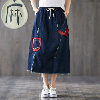 

Casual Japanese Harajuku Hippie Boho Retro Vintage Ethnic Cowboy Denim Blue Cotton Elastic Waist Women Spring Autumn Skirt
