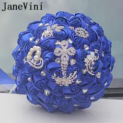 JaneVini 2018 Королевский Голубой Кристалл Свадебные букеты для свадьбы искусственный атласный цветок розы Свадебные аксессуары Buque De Noiva
