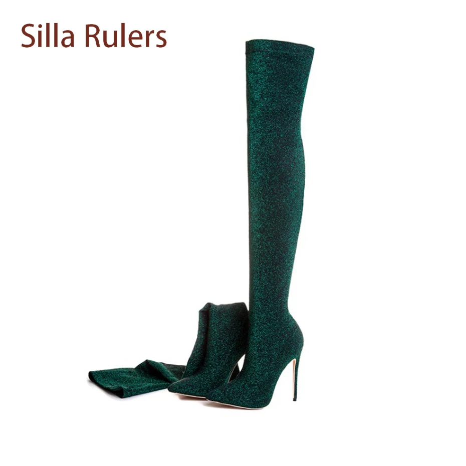 

Silla Rulers Bling Sequins Over The Knee Boots Women Sexy Pointed Toe Stiletto Heel Sock Boots Fashion Thigh High Stretch Boots