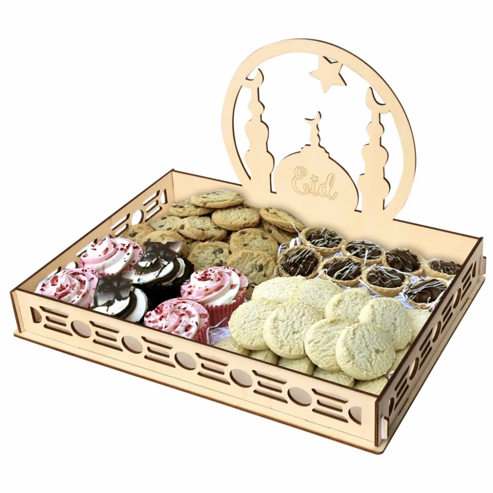 

Wooden Artistic Eid Mubarak Party Serving Tableware Tray Display Wood Decoration Home Decor Muslim Ramadan Supplies #007