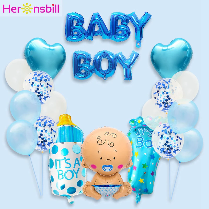 19 шт. фольгированные воздушные шары Babyshower для дня рождения, украшения для мальчиков и девочек, принадлежности для детского душа, синие латексные шары