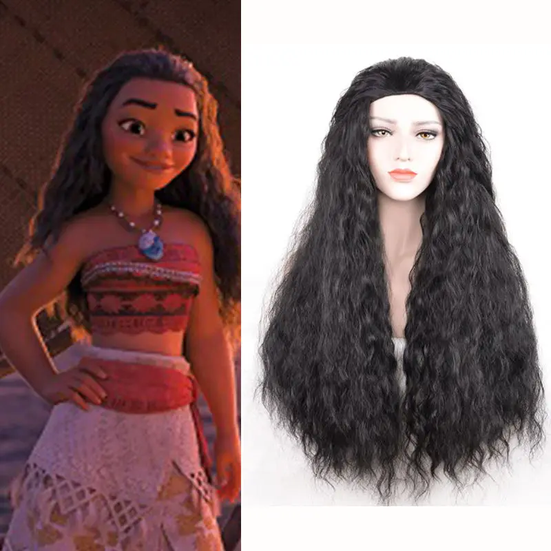 Anime Costumes Girls Adult Animie Polynesia princess Moana Wig 80cm Long Wavy Synthetic Hair Costume Wigs (Black /Brown) +Wig Cap french maid outfit Cosplay Costumes