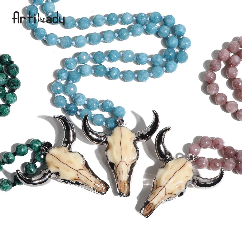 

bull head pendant long necklace natural stone beads necklace quartz indian jewelry for women new year's gift