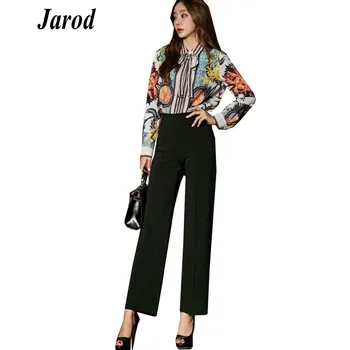 

Spring Formal Women Two Piece Set printing Chiffon long sleeve Bow long Blouse + Black OL High Waist Wide Leg Pant Suits