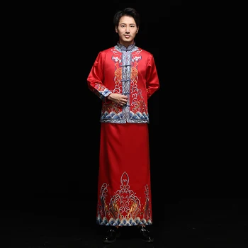 

Embroidery Chinese Men Coat+Robe Marriage Suit Vintage Tang Clothes High Quality Red Ancient Bridegroom Wedding Costume S-XXL