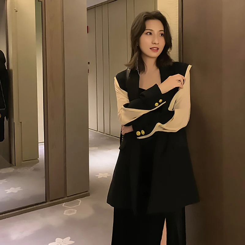 Greatest  [EAM] 2020 New Autumn Winter Lapel Long Sleeve Hit Color Split Joint Loose Temperament Jacket Women