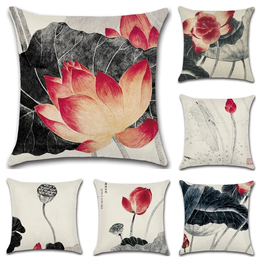 النمط الصيني اللوتس أغطية مطبوعة للوسائد 45*45 سنتيمتر الكتان المخدة سيارة كنبة مكتب كرسي وسادة الخصر يغطي ديكور المنزل النمط الصيني اللوتس أغطية مطبوعة للوسائد 45*45 سنتيمتر الكتان المخدة سيارة كنبة مكتب كرسي وسادة الخصر يغطي ديكور المنزل