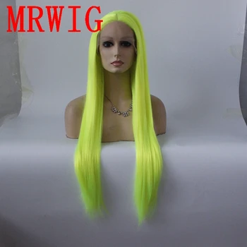 

MRWIG silver green long straight synthetic glueless front lace wig middle part 26in real picturehair heat reasitant fiber stock