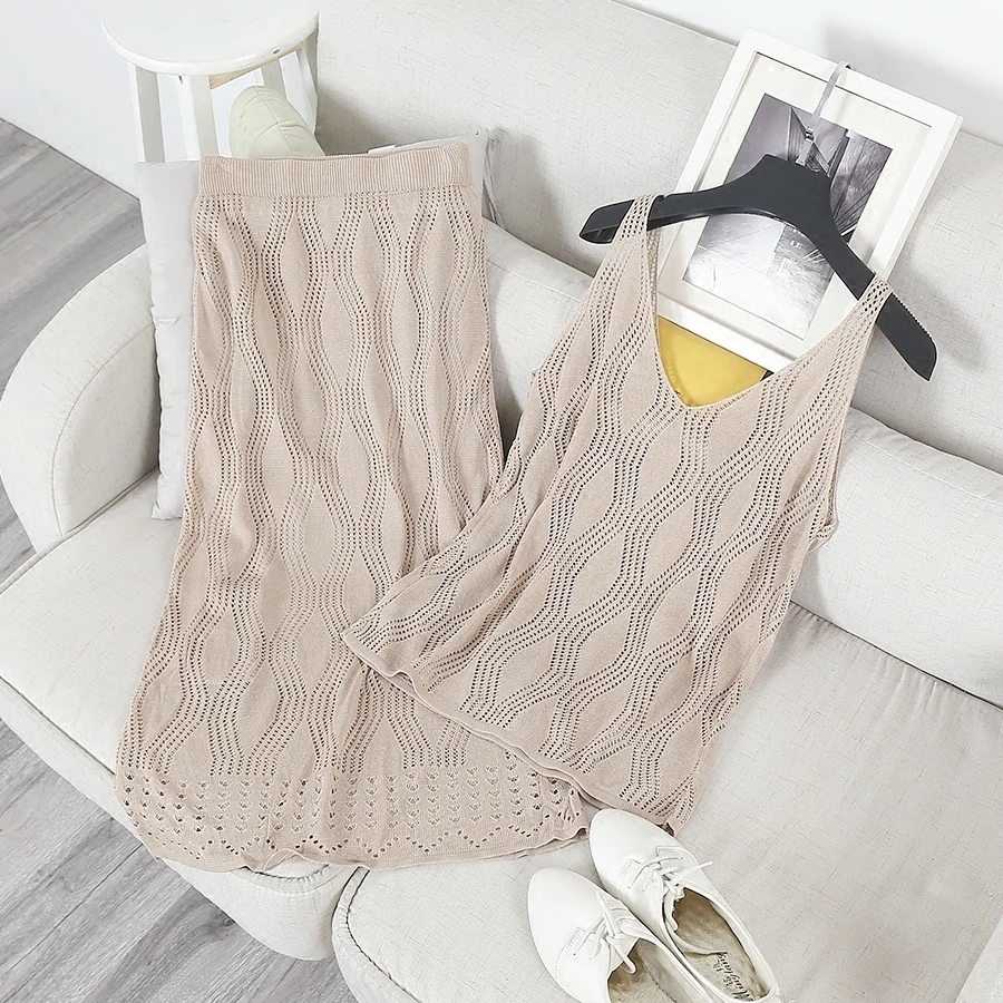 [GUTU] Verão de 2017 Verão de Moda de Nova Tricô Com Decote Em V Sem Mangas Cintura Alta Saia Twinset Ternos Mulheres Y585