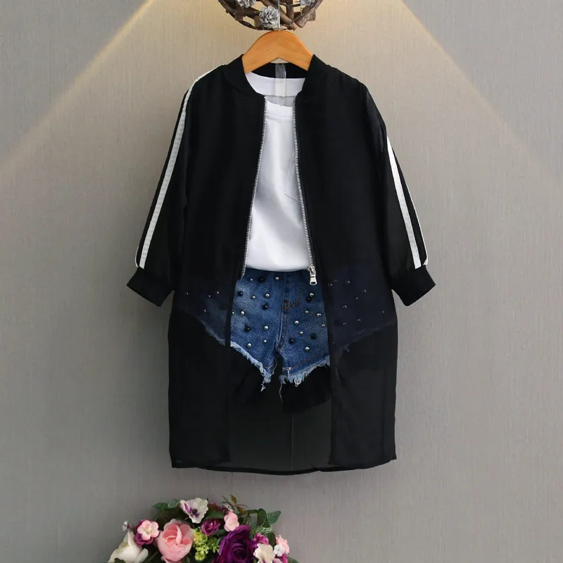 

girls summer jacket cotton girls coat chiffon Splice kids clothes long clothes for baby girls balck white girls sunscreen casaco