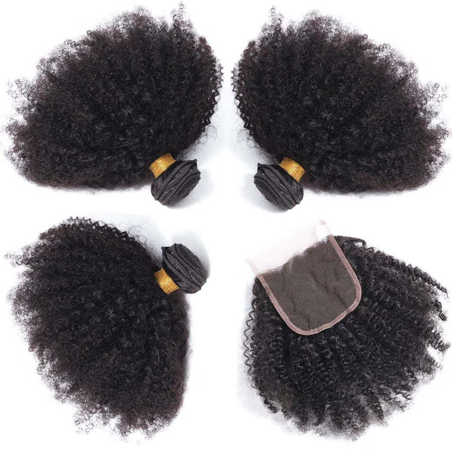 Clover Leaf Brazilian Afro Kinky Curly Hair 3 Bundles With lace Closure Remy Human Hair Bundles With 4*4 Lace Closure 8-28 inch