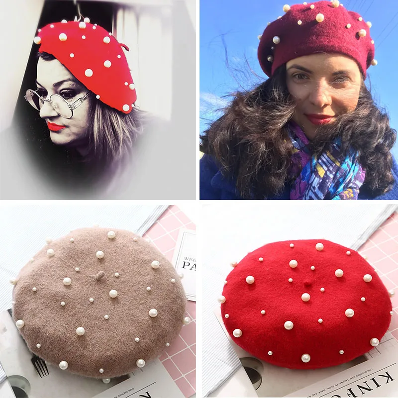 

2019 Vintage Wool Imitation Pearl Beret Hat Winter Warm Beading Beret Caps Elegant Ladies Solid Painter Hats Beret Femme