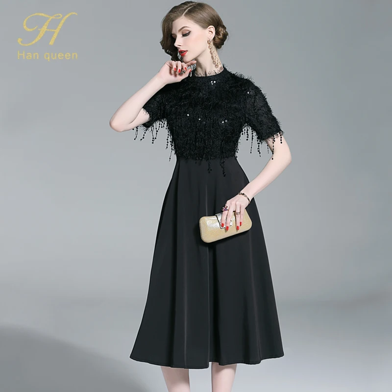 H Han queen, черное платье, женское летнее платье с блестками и кисточками для вечеринки, vestidos, высококачественное, Дамское, модное, тонкое, длинное, для работы, Повседневное платье - Цвет: BLACK