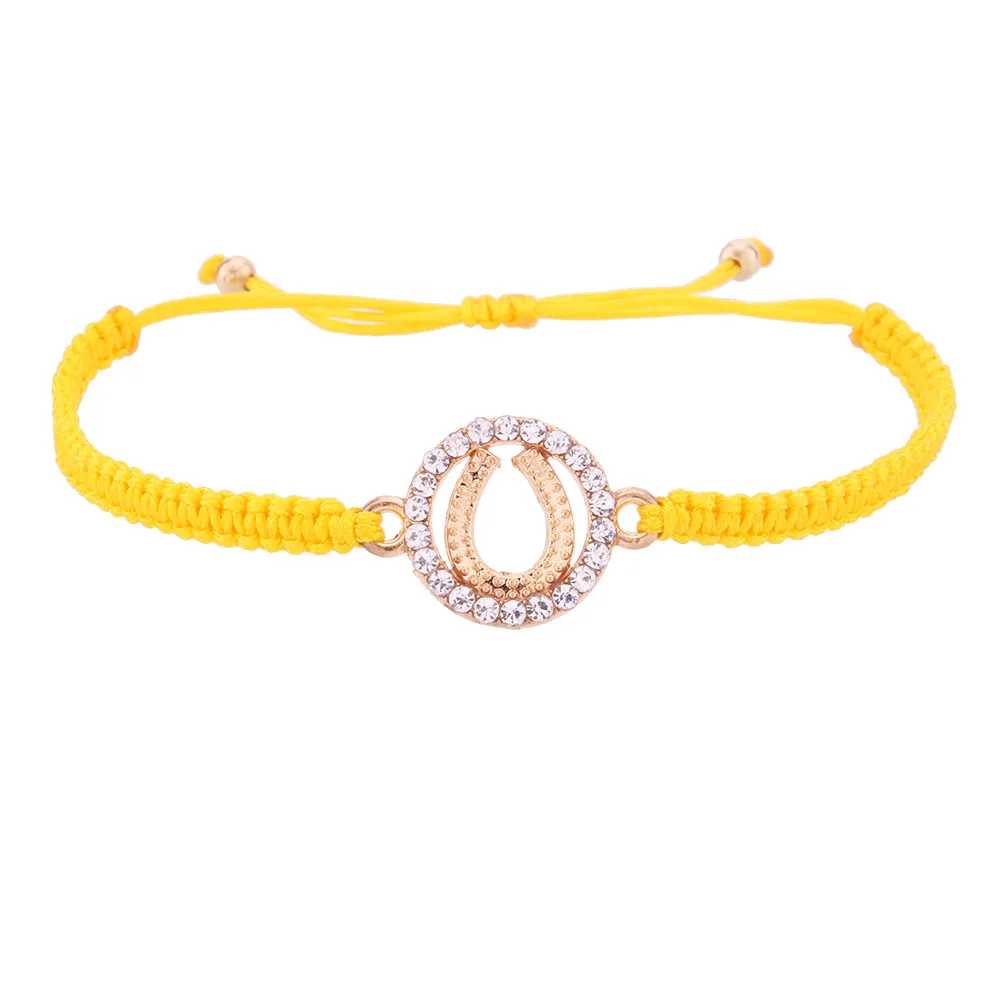 

round horseshoe good lucky charm bracelet cute yellow red black brown string macrame U shape full jeweled friendship bracelet or