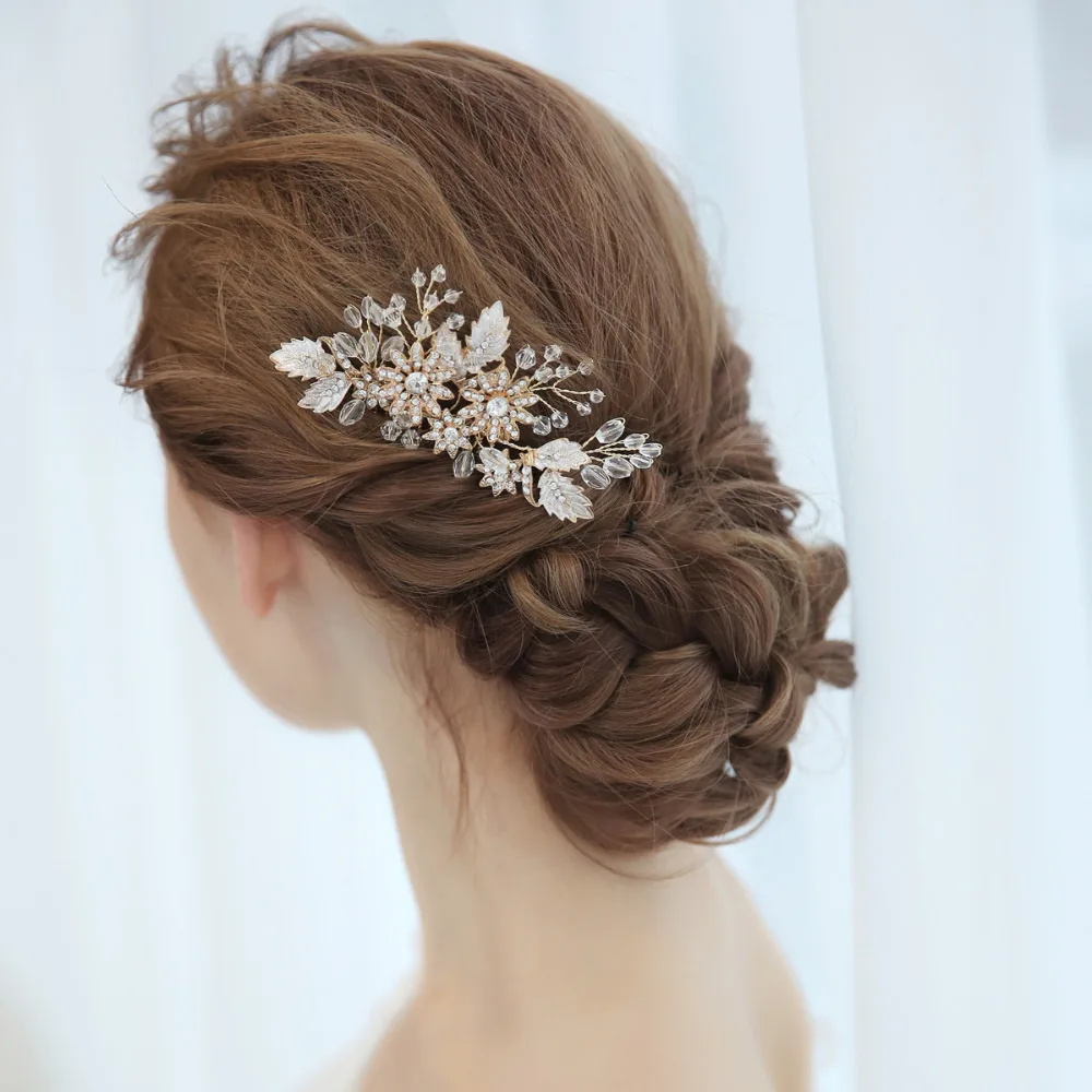 Crystal Beaded Wedding Hair Comb Rhinestone Flower And Leaves Bridal Headpiece New Hair Jewelry For Brides 2018 (2)