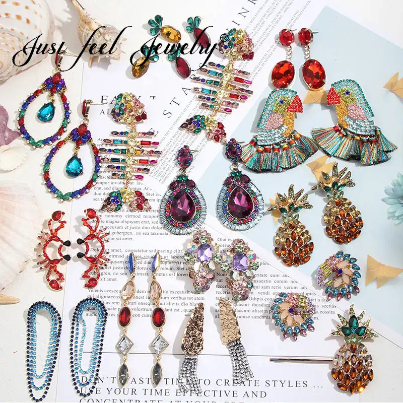 

JUST FEEL Summer Colorful ZA Glass Crystal Drop Earrings Statement Fruit Fish Bird Animal Earring For Women Wedding Gift Jewelry