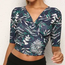 Женская рубашка для йоги летняя футболка с коротким рукавом спортивная одежда для спортзала фитнес тренировка с принтом листьев v-образный вырез блузка укороченный Топ Спортивная одежда