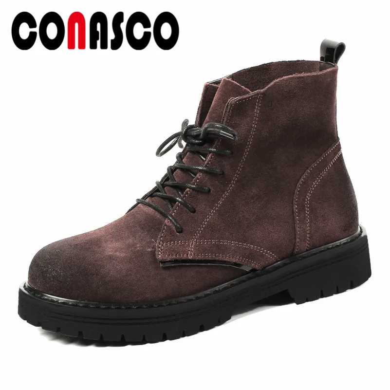

CONASCO Retro Cow Suede Ankle Boots For Women High Heels Lace Up Short Martin Shoes Woman Round Toe Casual Shoes Basic Boots