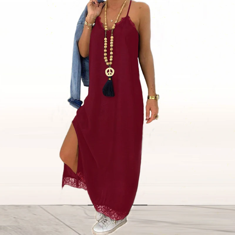 Кружевное Красное длинное летнее платье женская одежда Boho шикарные 2019 платья