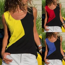 womens clothing New vest T-shirt female stitching sleeveless round neck top t shirt stripe pattern round neck stitching design t shirt in black