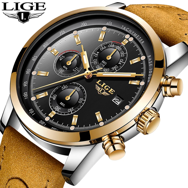 

2018 LIGE Mens Watches Top Brand Luxury Leather Quartz Watch Men Military Sport Wristwatch Gold Watch Clock Relogio Masculino