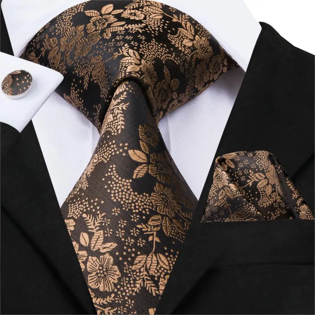 Brown Mens Tie Silk Woven NeckTie Hanky Cufflink Set for Business Wedding Graduation Party