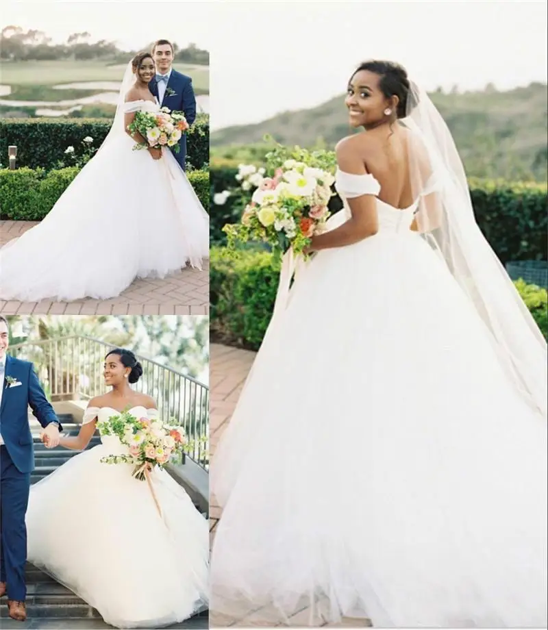 Simple Off The Shoulder Cheap African Wedding Gowns Tulle Backless