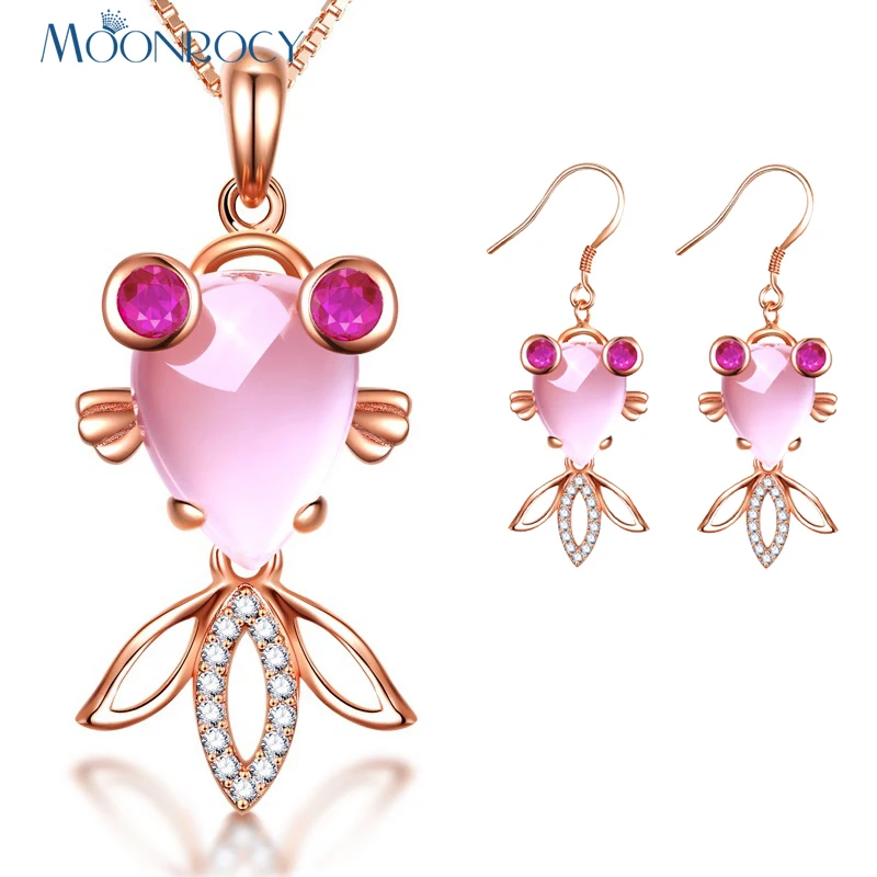 

MOONROCY Drop Shipping Rose Gold Color Fish CZ Crystal Ross Quartz Pink Opal Necklace and Earrings Jewelry Set for Women Girls