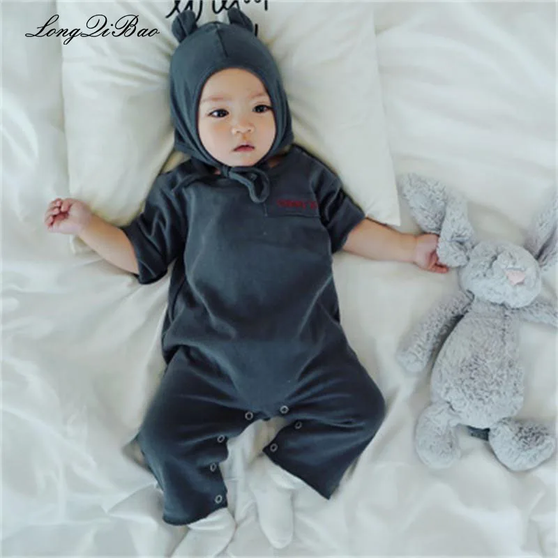 

Newborn new cotton onesies baby solid color hooded romper round neck long sleeves hooded outfit