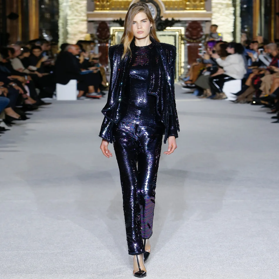 

Shining Party Sequin Deep V Neck 2 Piece Pants Set Sash Embellished Long Sleeve Feminine Tight Waist Long Leg Sheath Pants