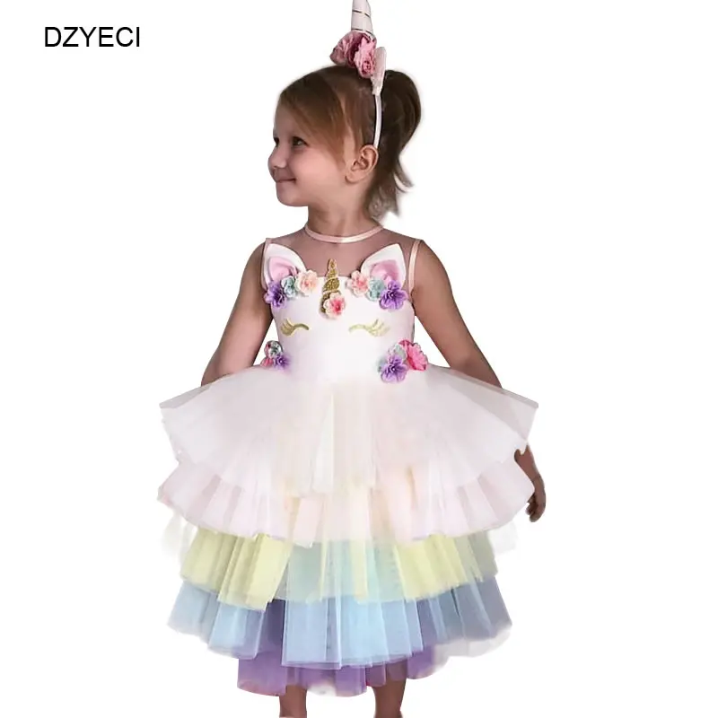 Кружевное платье с единорогом для маленьких девочек; костюм для маленьких девочек; сезон лето; нарядные вечерние платья принцессы; платье подружки невесты; пышная Радужная церемония
