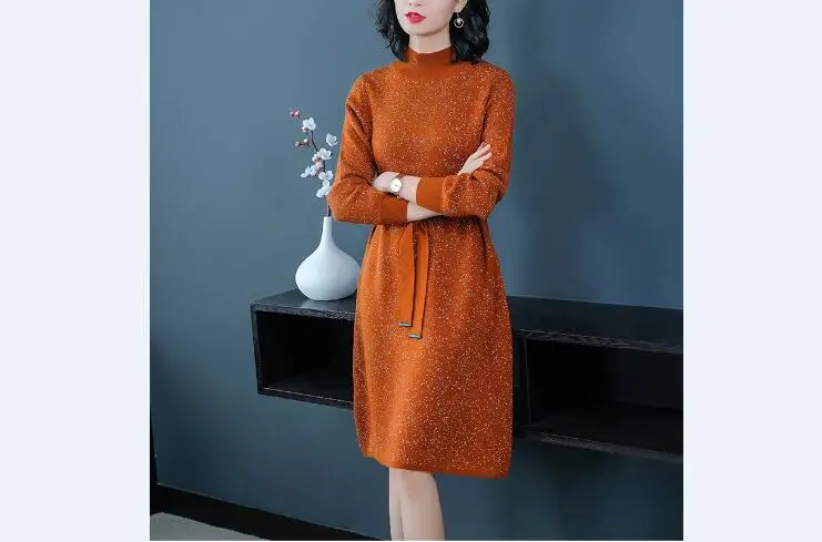 Новое поступление, Женское шерстяное платье-свитер, осенне-зимнее элегантное женское платье с высоким воротником, вязанное платье, пуловеры с рукавами Lpng