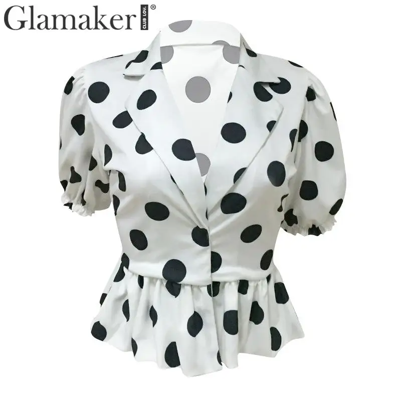 Glamaker, винтажные женские топы в горошек, лето, тонкая белая блузка, рубашка, топ, Женская Ретро блузка с баской, рубашки, feminina - Цвет: Белый