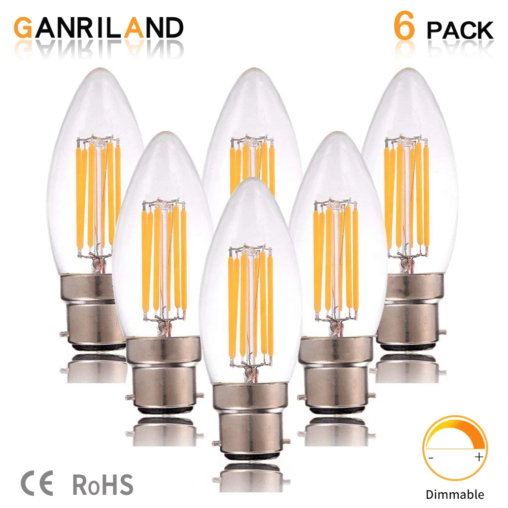 

GANRILAND LED Bulb B22 Bayonet 220V 6W C35 LED Dimmable Filament Candle Bulbs Candelabra 2700K 6000K 60W Incandescent Equivalent