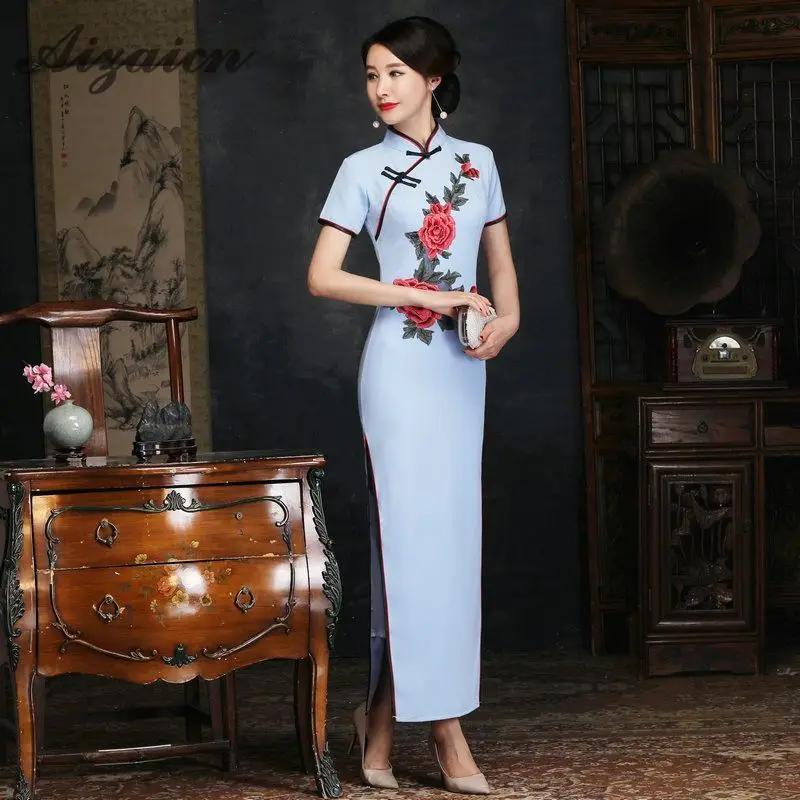 Шелк Длинные Cheongsam Qipao для женщин Формальные Vestidos Красный пикантные китайское традиционное платье костюмы плюс размеры восточные платья