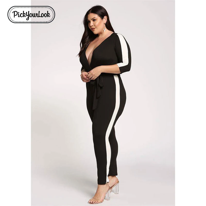 PickyourLook Plus Size V Neck Jumpsuit Women Seven Sleeve Stripe Fit Romper Spring New Sexy Black OL Jumpsuits Oversize XL-5XL