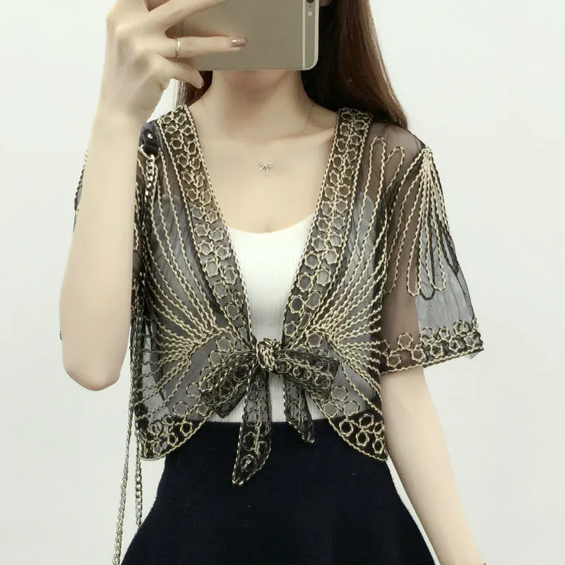 

2019 Summer Kimono Cardigan Boho Beach Shirts Tops Women Short Sleeve Lace Blouses Shirt Sunscreen Lady Clothing Blusas